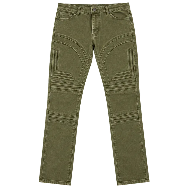 Retro Stitch Moto Jeans Size 34x32 Olive Green Biker Denim
