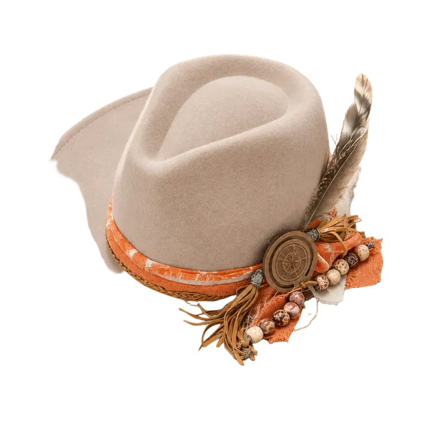Boho Chic Felt Fedora Hat Taupe Orange Beaded Feather Band