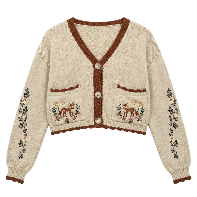 ROMWE Fairycore Fox and Flower Embroidery Cropped Cardigan Sweater, size L
