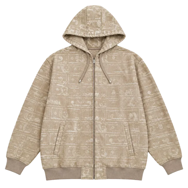 Ruff Heided Money Print Zip Up Hoodie Size 2XL Tan Polyester