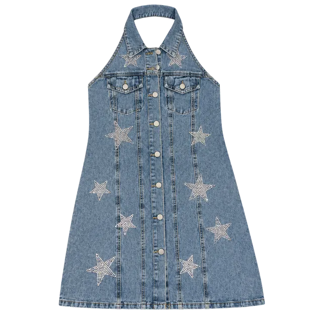Blue B Halter Denim Mini Dress Rhinestone Stars small/medium