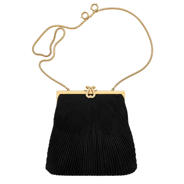 Val Vintage Pleated Black Satin Evening Clutch Bag Gold Tone Chain