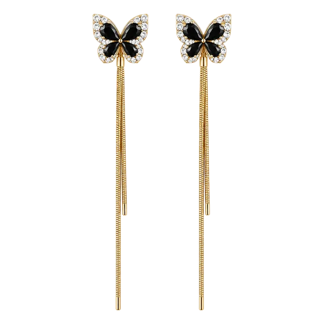 Black Enamel Butterfly Long Tassel Gold Accent Earrings