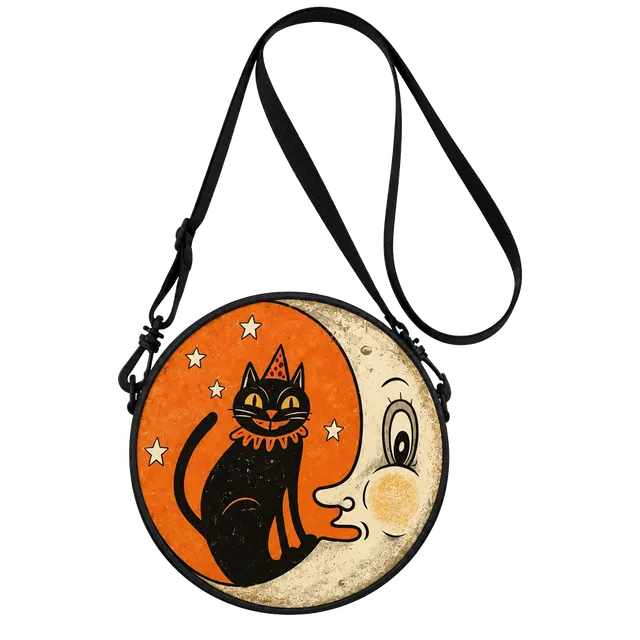 Vintage Halloween Black Cat Moon Round Convertible Backpack Crossbody Bag