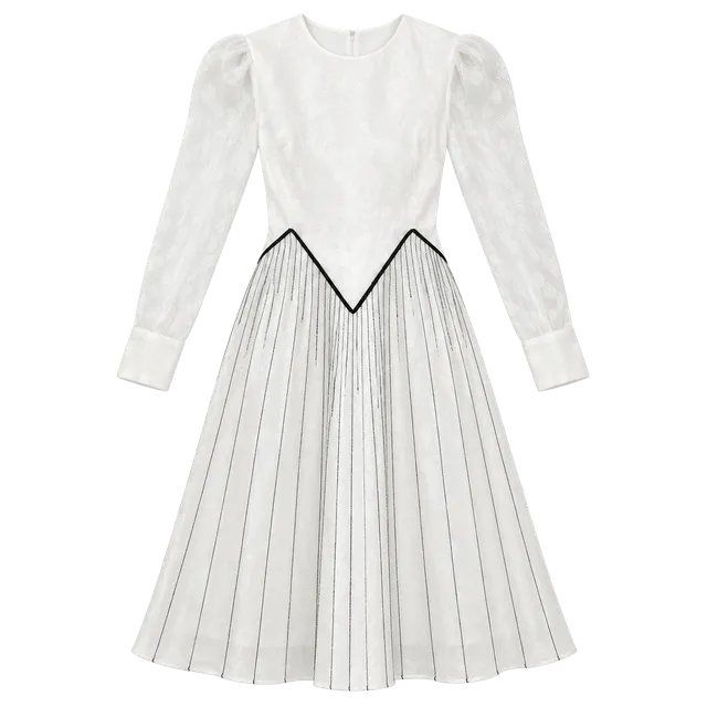 Vintage Long Sleeve Maxi Dress White Black Trim