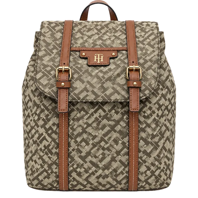 Tommy Hilfiger Monogram Jacquard Backpack Brown Tan Logo Handbag Purse
