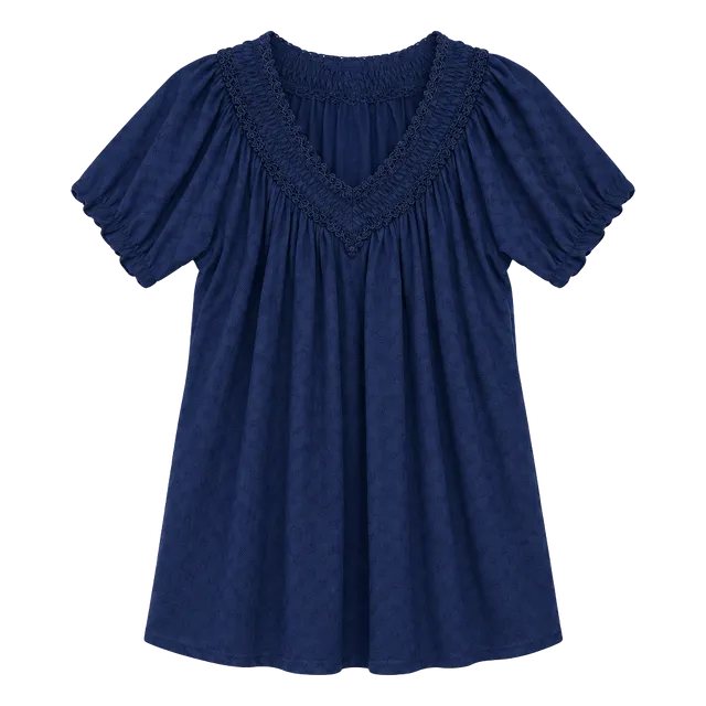 Woman Within Navy Smocked V-Neck Short-Sleeve Tunic Sz M (14-16)