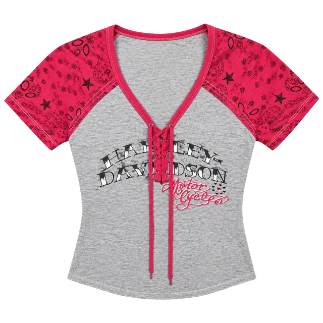 Harley Davidson Lace Up Raglan Shirt Size XS Gray Red