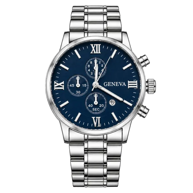 Geneva Quartz Timepiece Blue Dial Silver Steel Band Calendar