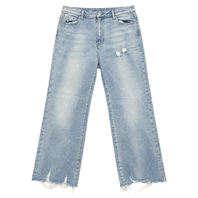 Risen Los Angeles Straight Jeans Size 1XL - Light Wash Distressed Raw Hem