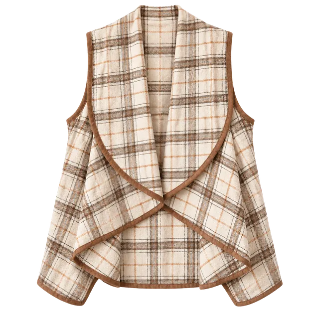 Luxology Plaid Waterfall Vest Size M Brown White Open Front Drape