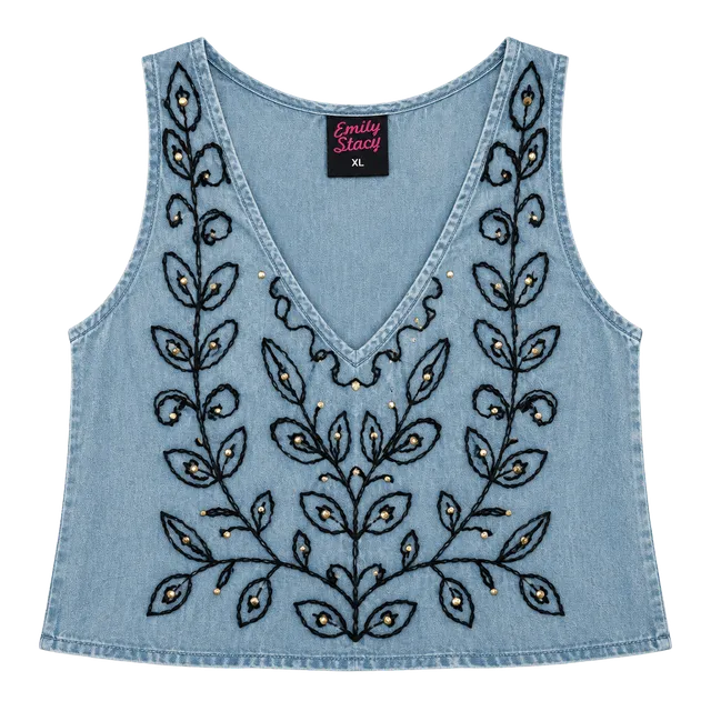 Emily Stacey Blue Sleeveless Embroidered Tank Top XL