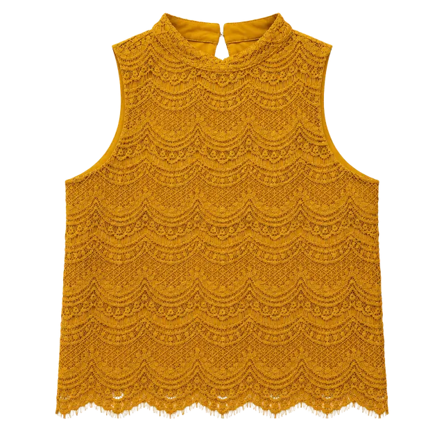 Haute Monde Mustard Yellow Sleeveless High Neck Lace Top, L