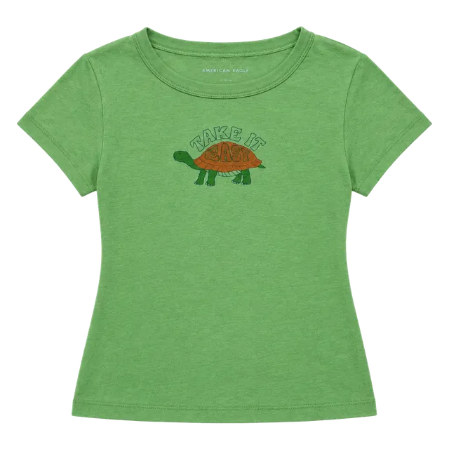 American Eagle Green Ribbed Turtle Baby Tee Size M Y2K Crop Top