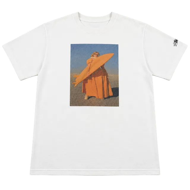Stussy Graphic Photo T-Shirt White Surfboard Orange Dress Size M (OF) *light staining