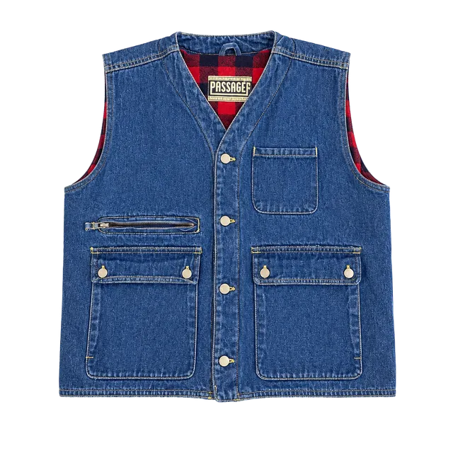 Passager Denim Vest Flannel Lined Multi Pocket Utility Vintage
