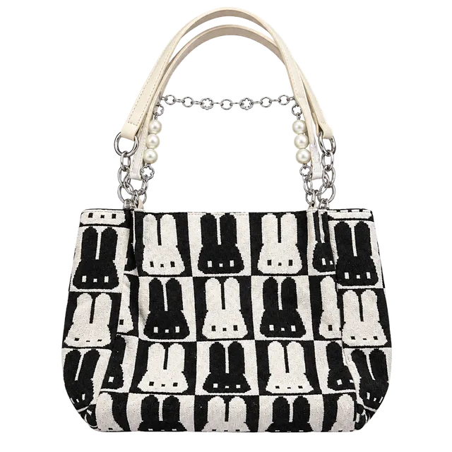 Black and White Rabbit Pattern Knit Shoulder Bag with Pearl Chain
