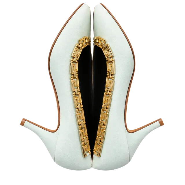 Gianni Versace Leather Gold Greek Key Accent Pumps Light Blue EU 36.5 / US 6
