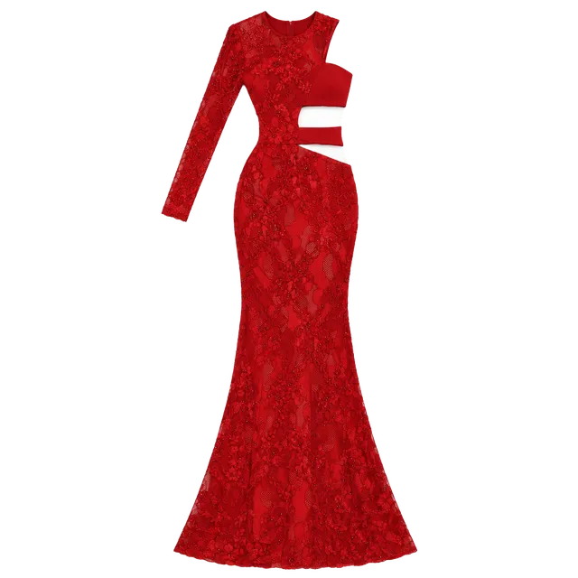 Sherri Hill 51304 Size 6 Red Lace Cutout Evening Gown