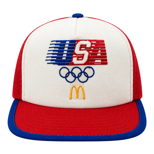 Vintage 1984 McDonalds USA Olympics Trucker Hat Snapback Red White Blue