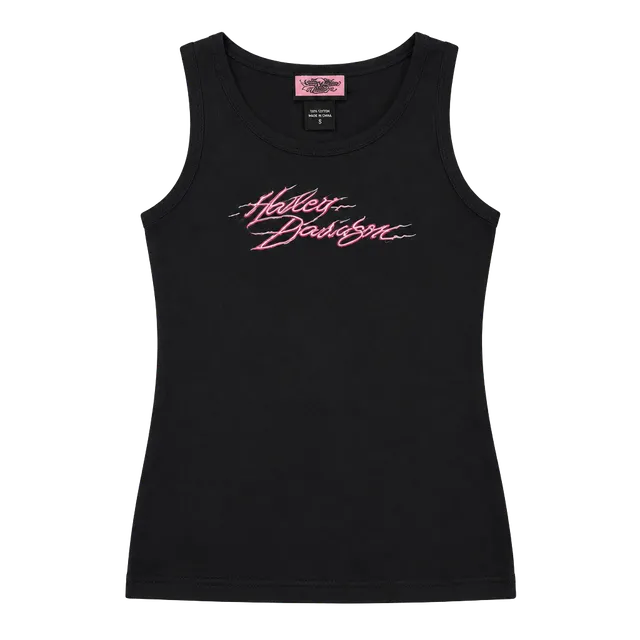 Harley-Davidson Script Logo Tank Top Women's L Black Pink Cotton Stretch