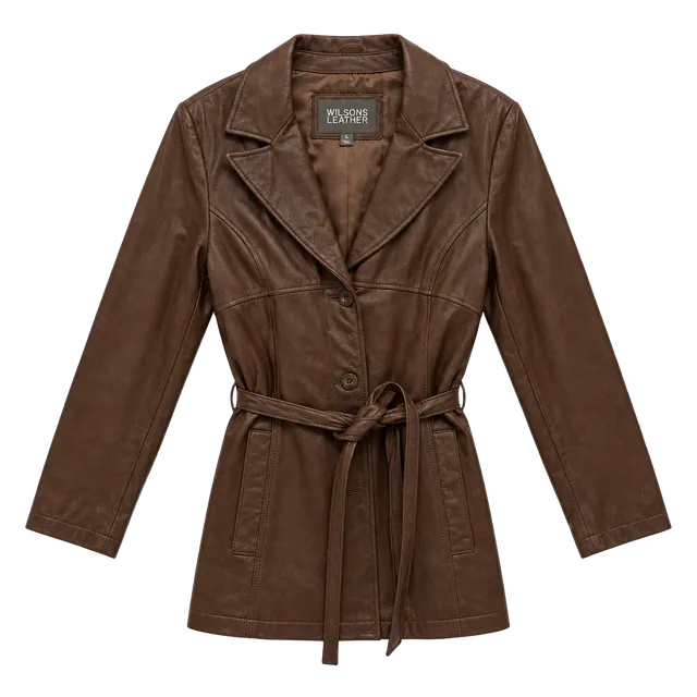 Vintage 1990s Wilsons Leather Jacket Size XL Brown Leather Belted Blazer Coat