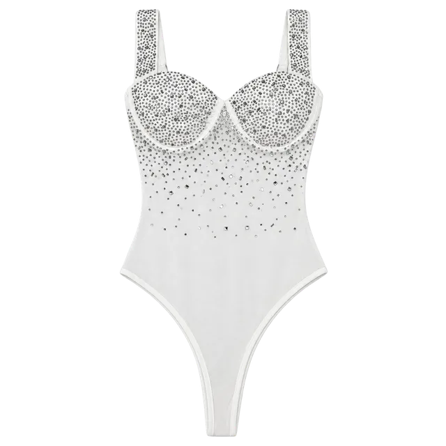 White Rhinestone Embellished Mesh Corset Bodysuit