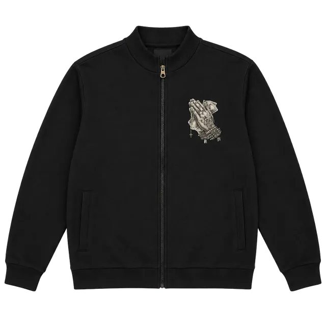 Bomber Jacket Size S Black Prayer Hands Money Graphic Zip Up