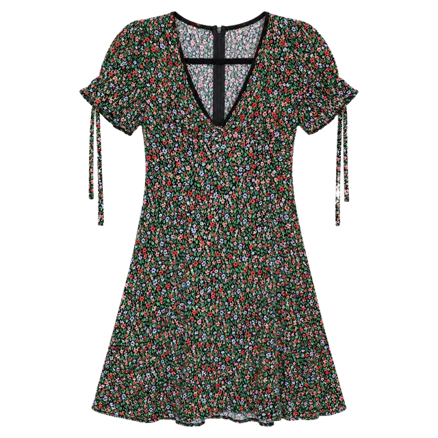 Olivaceous Floral Mini Dress Size S Black V-Neck Puff Sleeve