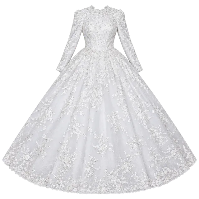 Custom Long Sleeve Lace Ball Gown Wedding Dress White