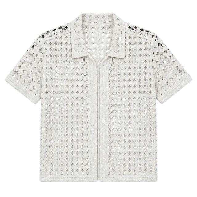 Ultra Pink Crochet Short Sleeve Button Up Top Size M White