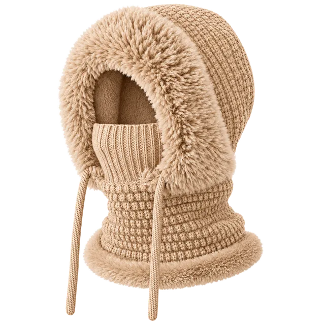 3-in-1 Winter Balaclava Knitted Hood Scarf Hat Khaki