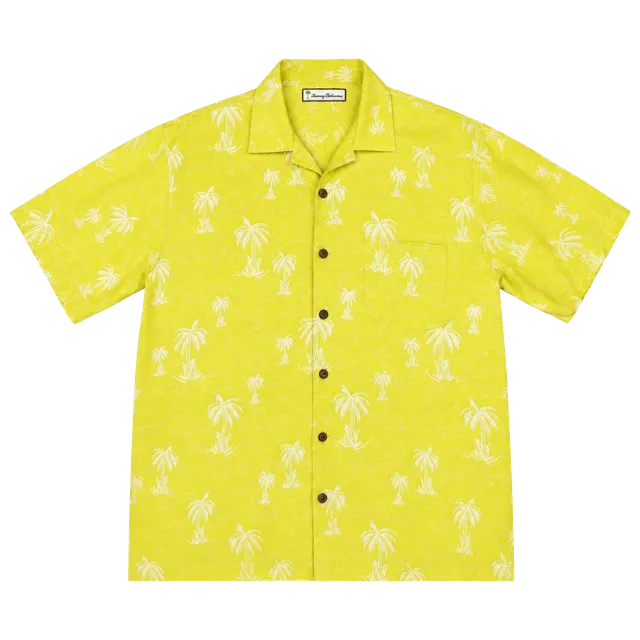 Tommy Bahama Silk Palm Tree Hawaiian Shirt Size M Yellow Mens Button down 