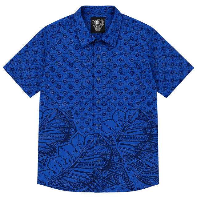 Tanoa Samoa Blue Polynesian Tribal Tropical Aloha Shirt Men’s Size L NWT