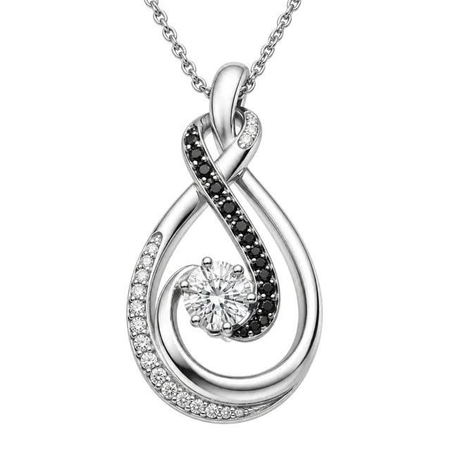 Sterling Silver White And Black Diamond Swirl Pendant Necklace