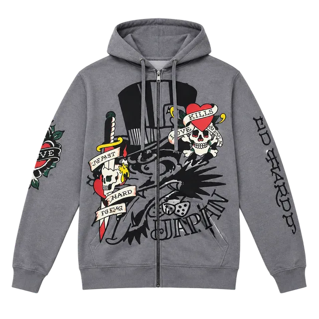 Ed Hardy Zip Up Hoodie Size M Grey Graphic Love Kills Slowly #73