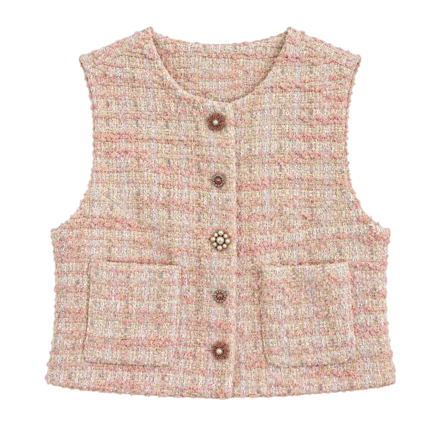 MABLE Tweed Vest Size S Pink Pearl Buttons