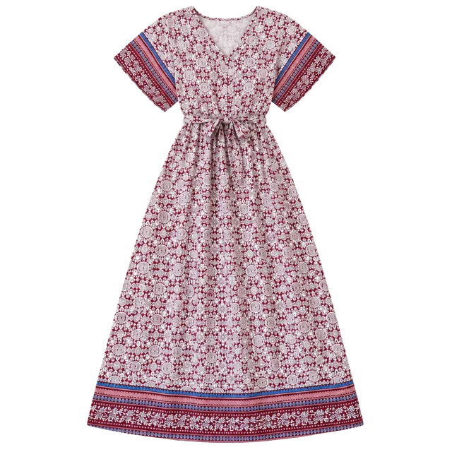 Flamingo Women’s Boho Wrap Maxi Dress Burgundy Floral V-Neck Tie Waist S
