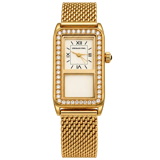 Origami Owl Gold Tone Rhinestone Mesh Watch