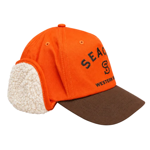 Seager Western Brand Ear Flap Hat Orange Brown Sherpa Lined Cap NWT