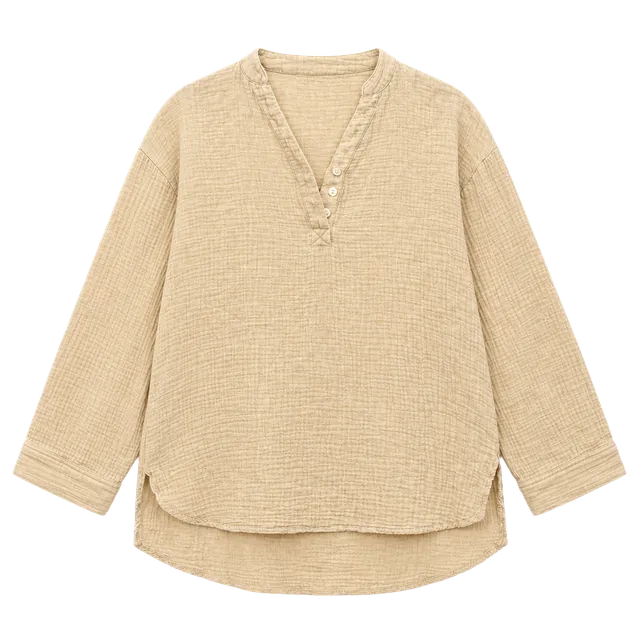Unbranded Double Gauze Long Sleeve V-Neck Tunic Shirt Size S Yellow