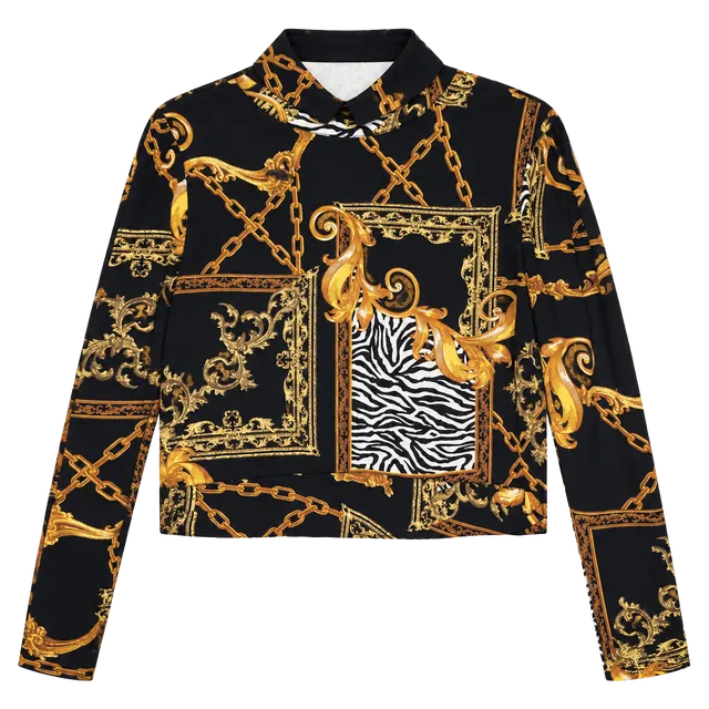 GUESS Chain Print Knot Hem Crop Blouse Black Gold