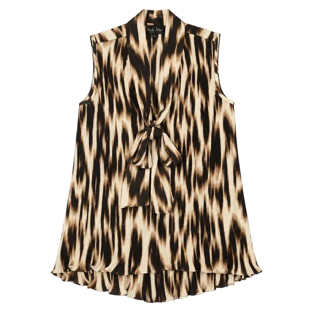 Melissa Paige Y2K Abstract Print Pleated Tie Neck Blouse Small