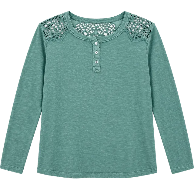 Lucky Brand Long Sleeve Henley Top Size M Green Cotton Crochet Shoulder Boho