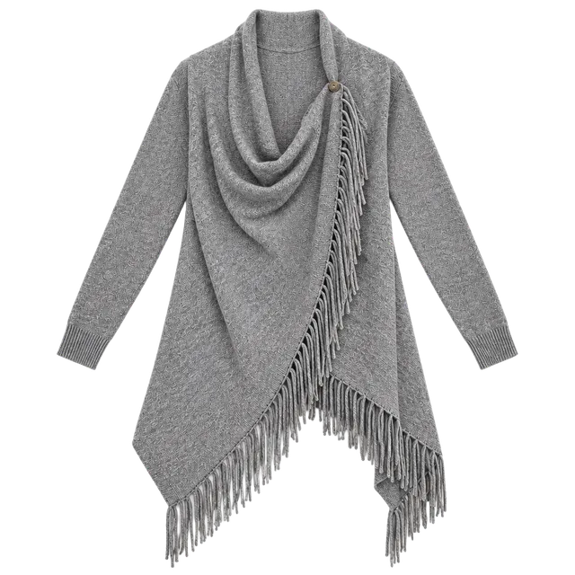Claudia Nichole 100% Cashmere Gray Fringe Convertible Wrap Cardigan Sweater S