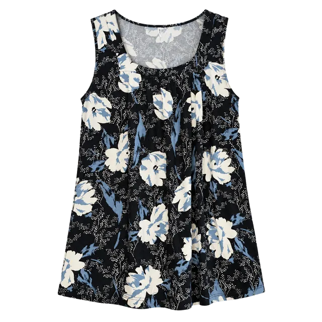 Longyuan Tank Top Size L Black Blue Floral Pleated Scoop Neck
