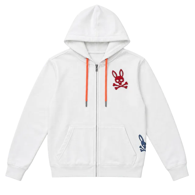 Psycho Bunny Full Zip Hoodie Size M White Multicolor Skull
