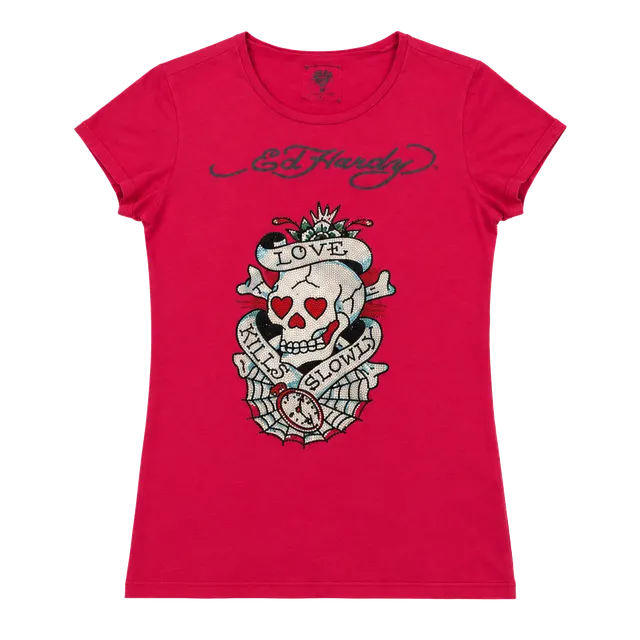 Ed Hardy Love Kills Slowly Rhinestone T-Shirt Size M Red