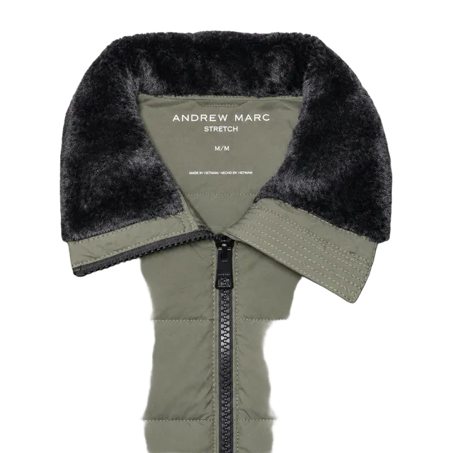 Andrew Marc Stretch Puffer Jacket Size M Green Faux Fur Collar