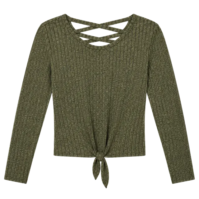 No Boundaries Criss Cross Long Sleeve Top Size XS/XCH (1) Olive Green Ribbed